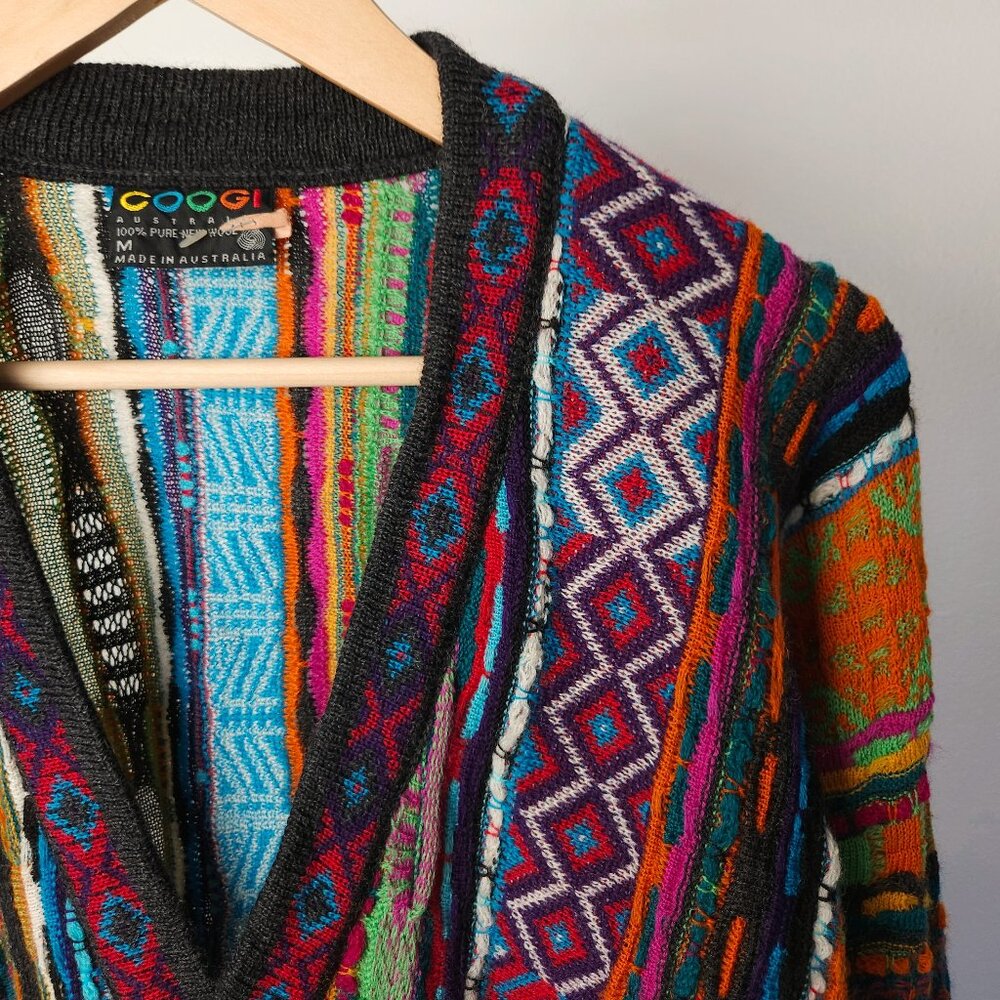 90s COOGI Australia crazy pattern 3D textured wool knitted sweater cardigan - Picture 4 of 12